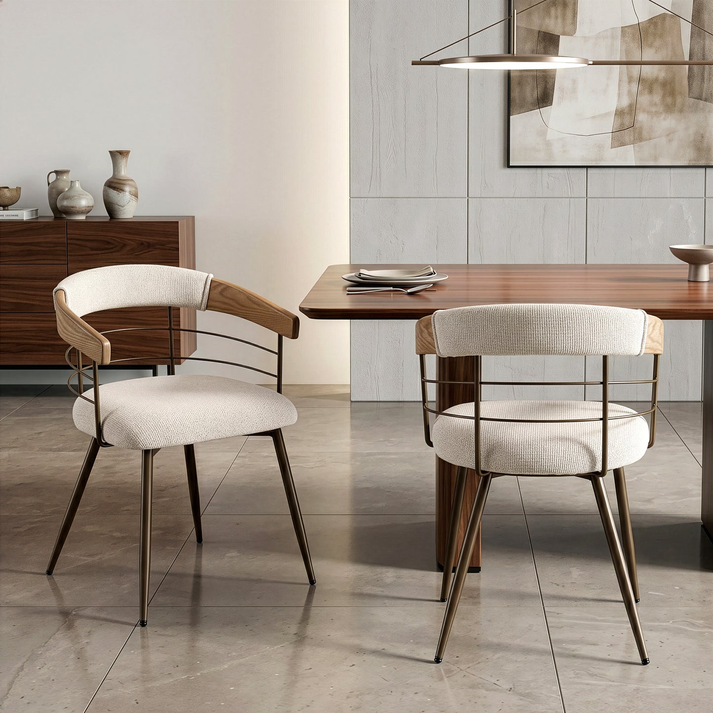 Set of 2 Betsy Beige Washed Woven Fabric Dining Chair with Natural Wood Arms and Copper Iron Legs