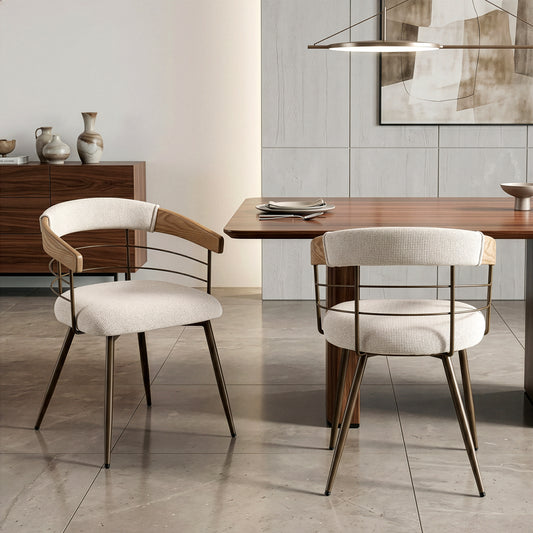 Set of 2 Betsy Beige Washed Woven Fabric Dining Chair with Natural Wood Arms and Copper Iron Legs