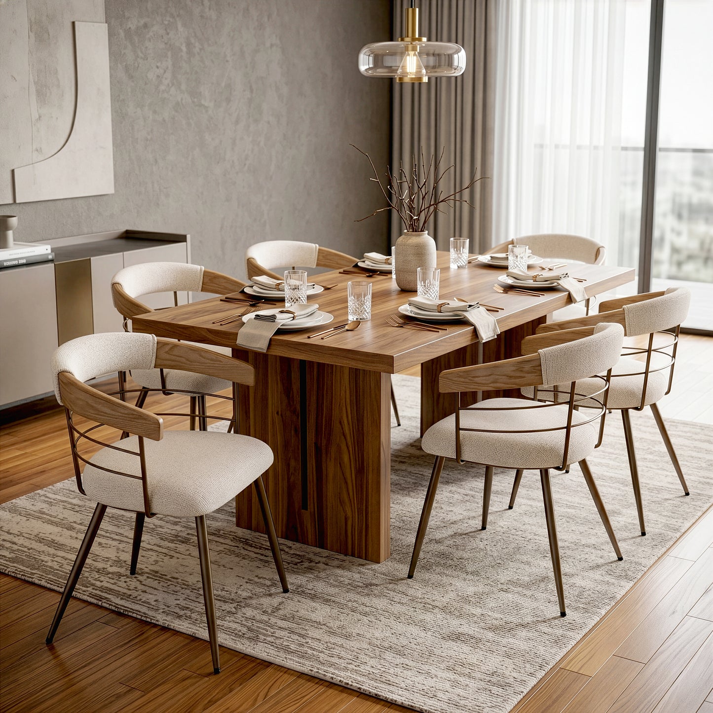 Set of 2 Betsy Beige Washed Woven Fabric Dining Chair with Natural Wood Arms and Copper Iron Legs