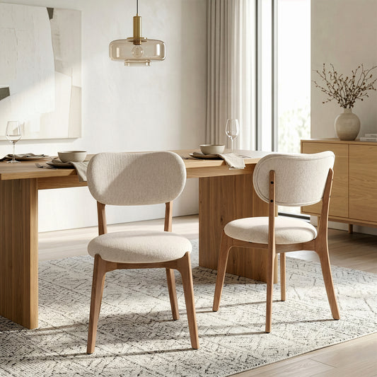 Set of 2 Bernardo Beige Washed Woven Fabric Dining Chair with Natural Wood Legs