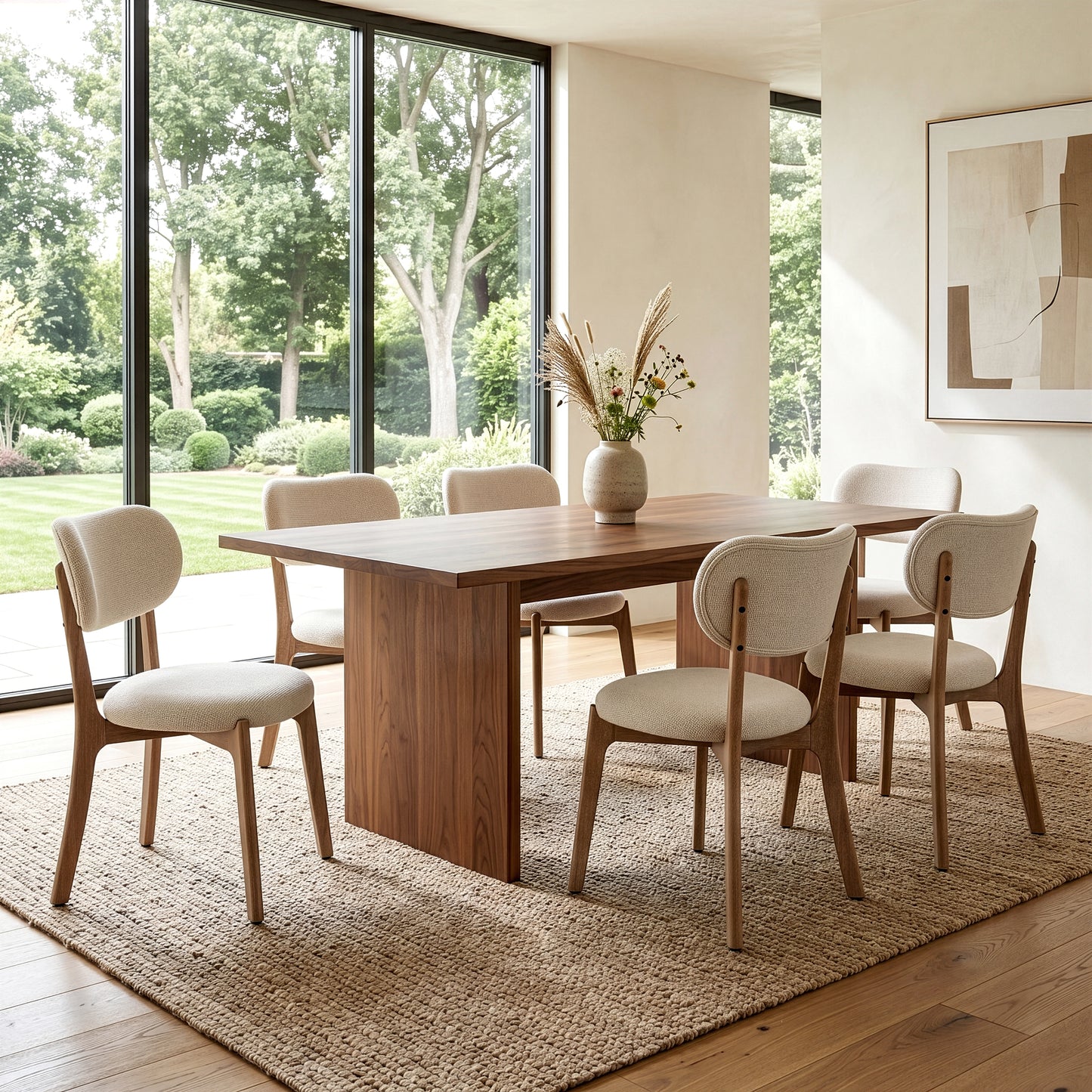 Set of 2 Bernardo Beige Washed Woven Fabric Dining Chair with Natural Wood Legs