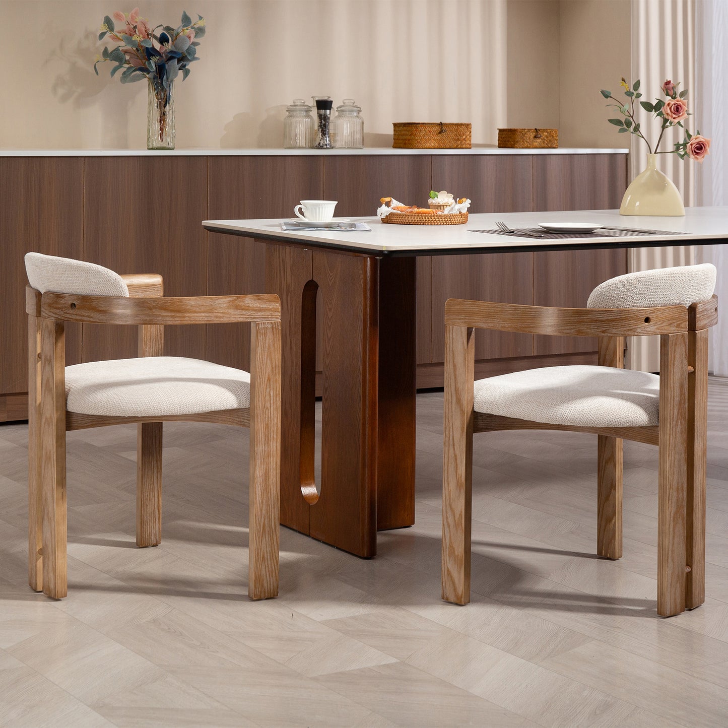 Set of 2 Berne Beige Washed Fabric Dining Chair with Natural Wood Arms and Legs