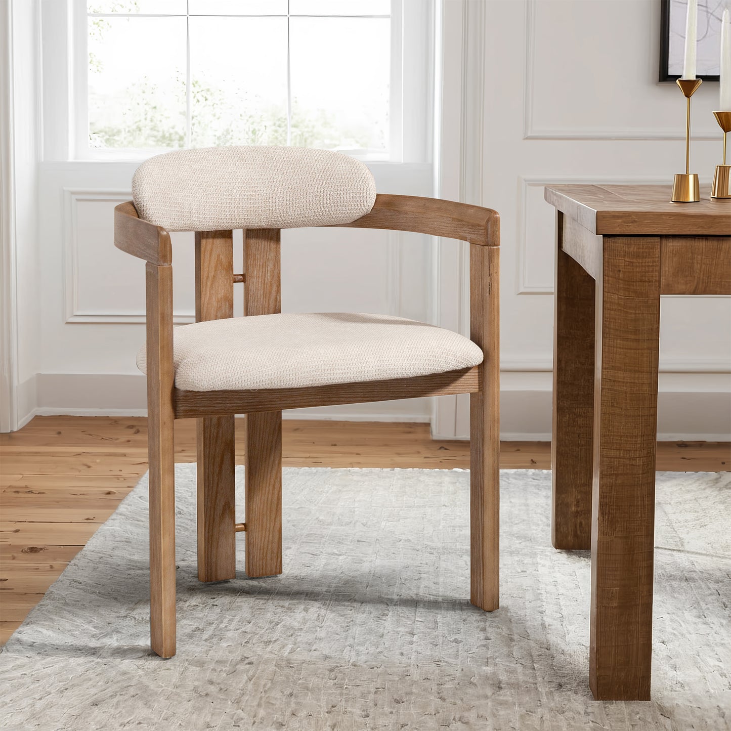 Set of 2 Berne Beige Washed Fabric Dining Chair with Natural Wood Arms and Legs
