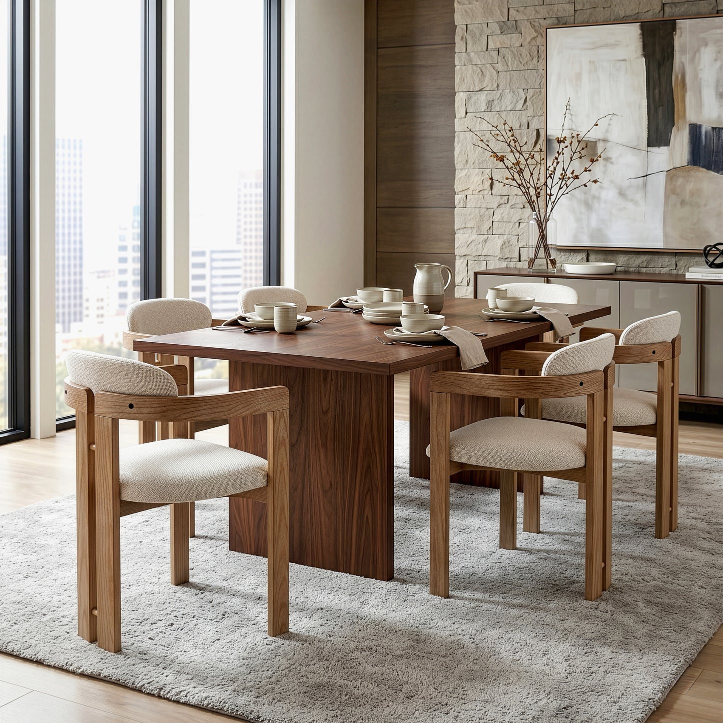 Set of 2 Berne Beige Washed Fabric Dining Chair with Natural Wood Arms and Legs