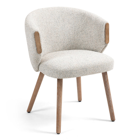 Set of 2 Bernice Beige Washed Boucle Fabric Dining Chair with Natural Wood Arms and Legs