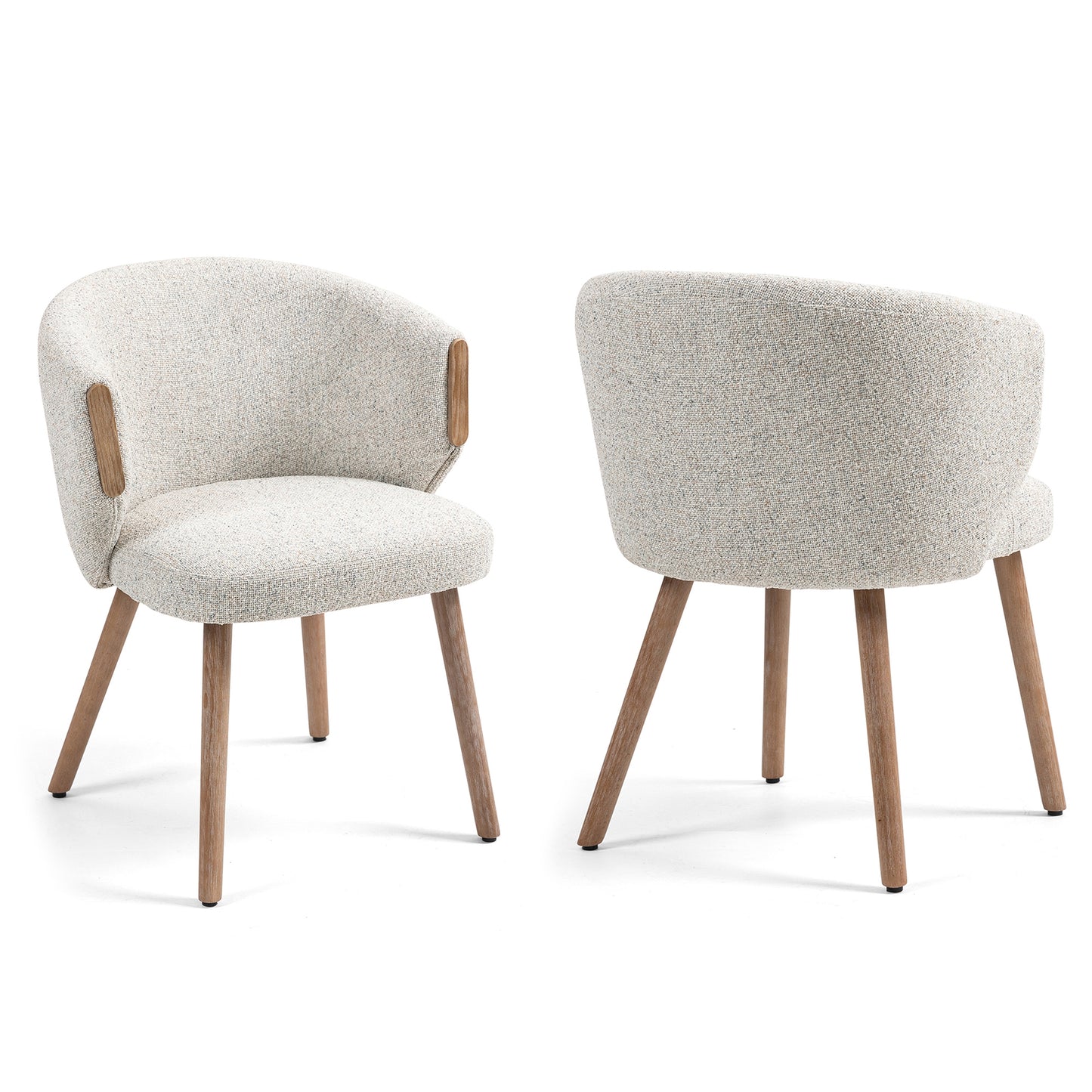 Set of 2 Bernice Beige Washed Boucle Fabric Dining Chair with Natural Wood Arms and Legs