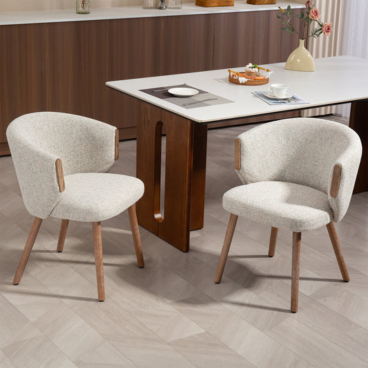 Set of 2 Bernice Beige Washed Boucle Fabric Dining Chair with Natural Wood Arms and Legs