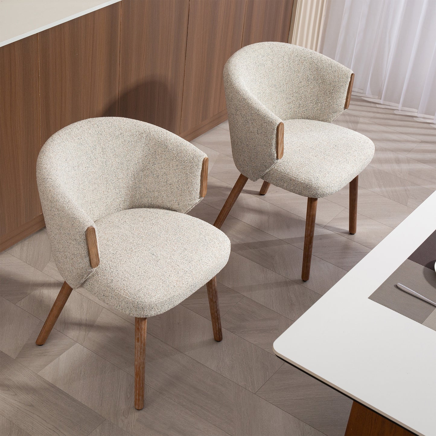 Set of 2 Bernice Beige Washed Boucle Fabric Dining Chair with Natural Wood Arms and Legs