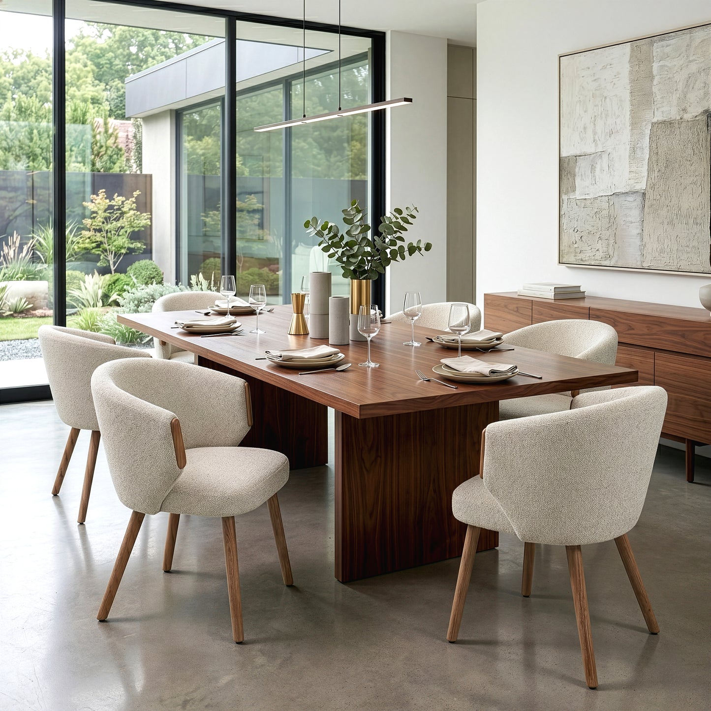 Set of 2 Bernice Beige Washed Boucle Fabric Dining Chair with Natural Wood Arms and Legs