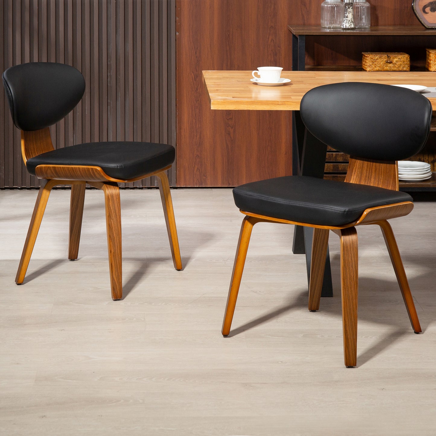 Set of 2 Bettina Black Faux Leather Dining Chair with Walnut Finish Wood Legs