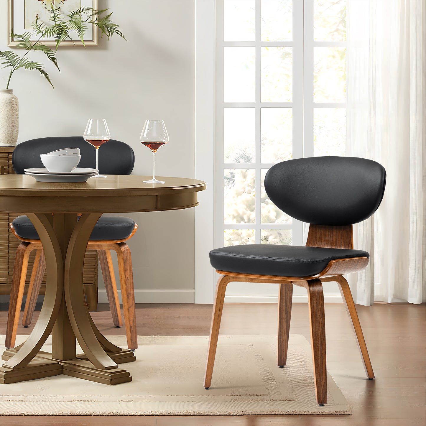 Set of 2 Bettina Black Faux Leather Dining Chair with Walnut Finish Wood Legs