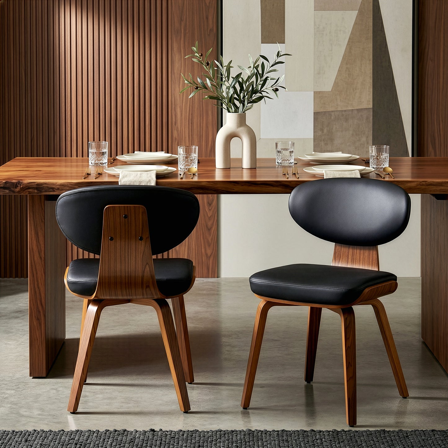 Set of 2 Bettina Black Faux Leather Dining Chair with Walnut Finish Wood Legs