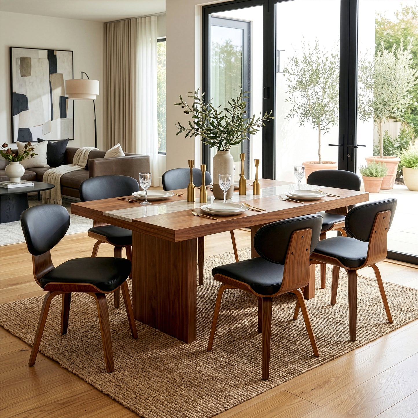 Set of 2 Bettina Black Faux Leather Dining Chair with Walnut Finish Wood Legs