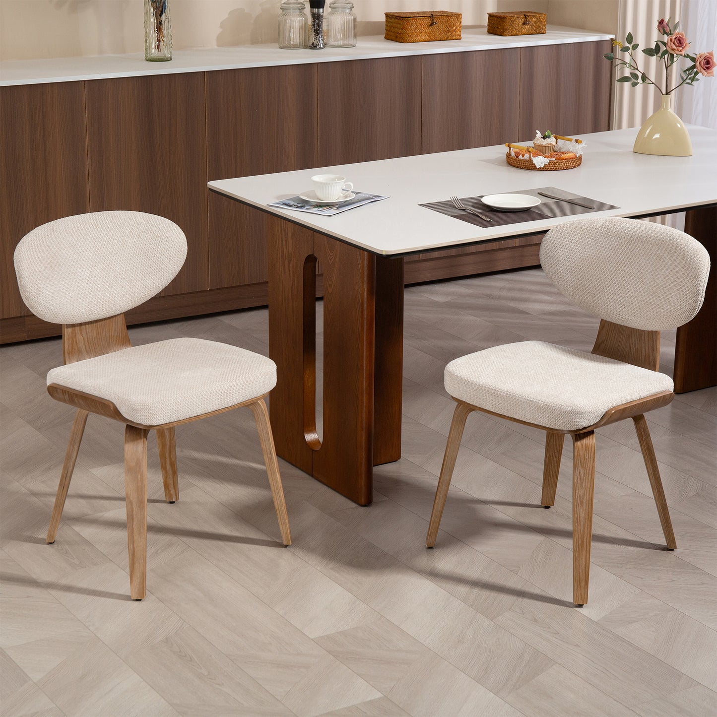 Set of 2 Bernique Beige Washed Woven Fabric Dining Chair with Natural Wood Legs