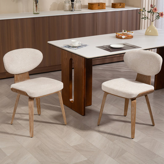 Set of 2 Bernique Beige Washed Woven Fabric Dining Chair with Natural Wood Legs