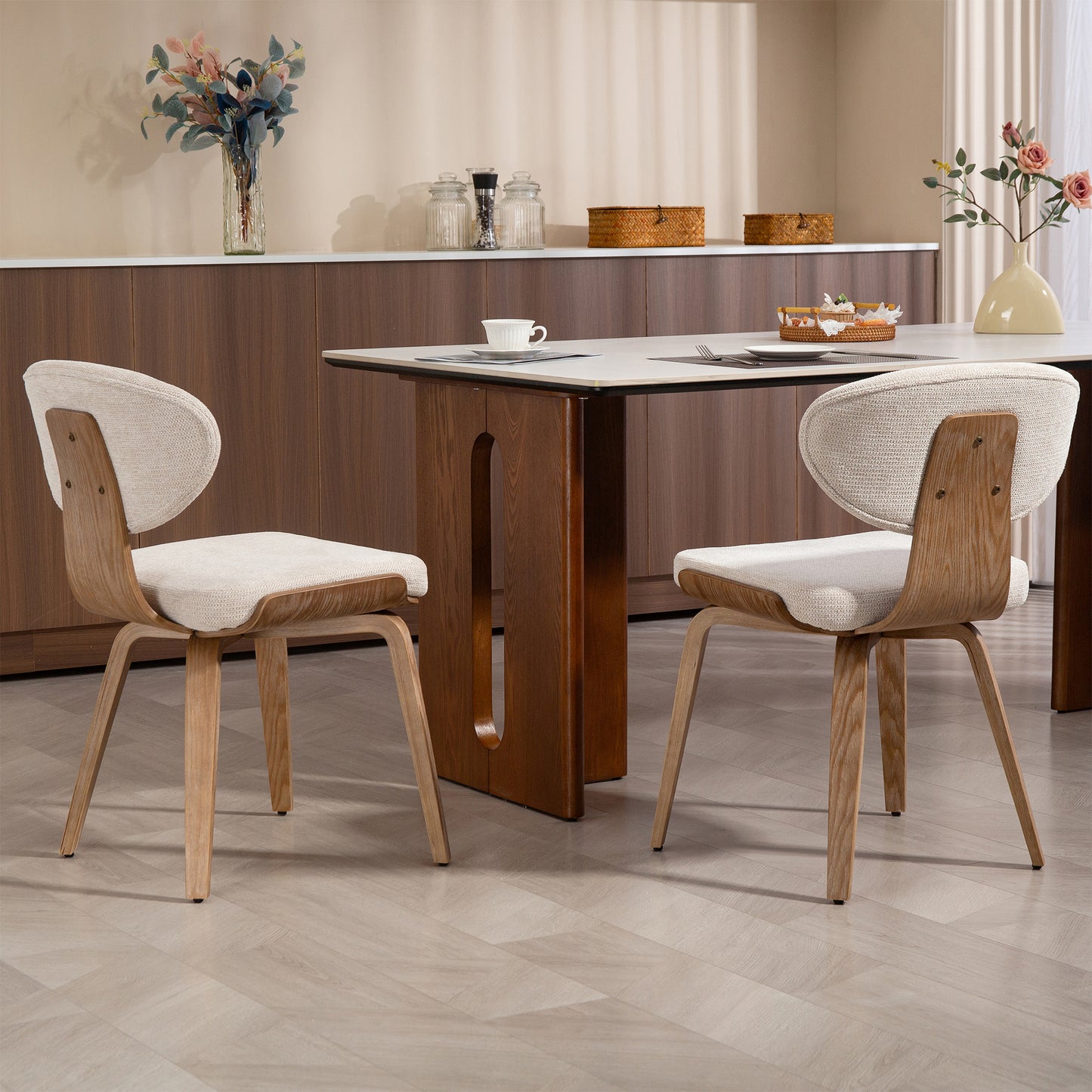 Set of 2 Bernique Beige Washed Woven Fabric Dining Chair with Natural Wood Legs