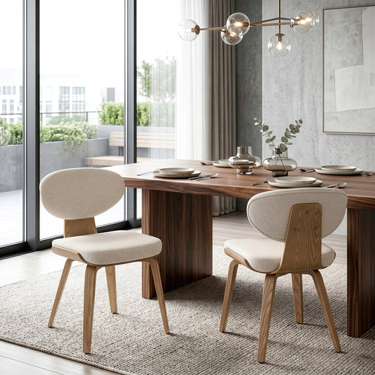 Set of 2 Bernique Beige Washed Woven Fabric Dining Chair with Natural Wood Legs