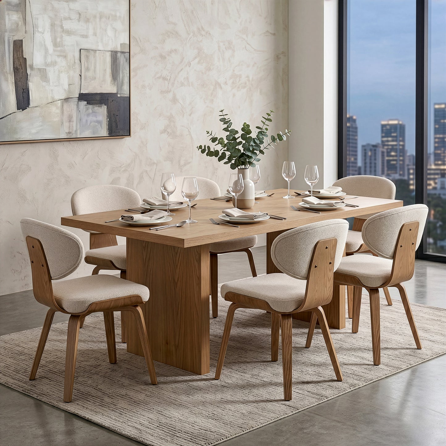 Set of 2 Bernique Beige Washed Woven Fabric Dining Chair with Natural Wood Legs