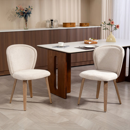 Set of 2 Bernt Beige Washed Woven Fabric Dining Chair with Natural Wood Legs