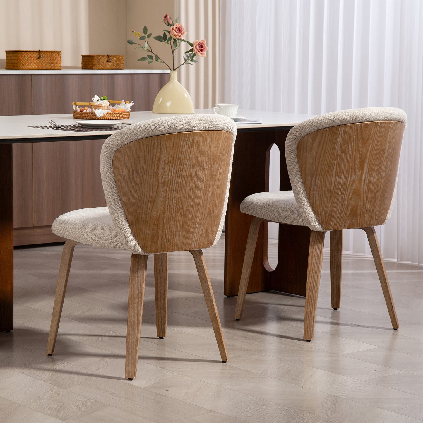 Set of 2 Bernt Beige Washed Woven Fabric Dining Chair with Natural Wood Legs
