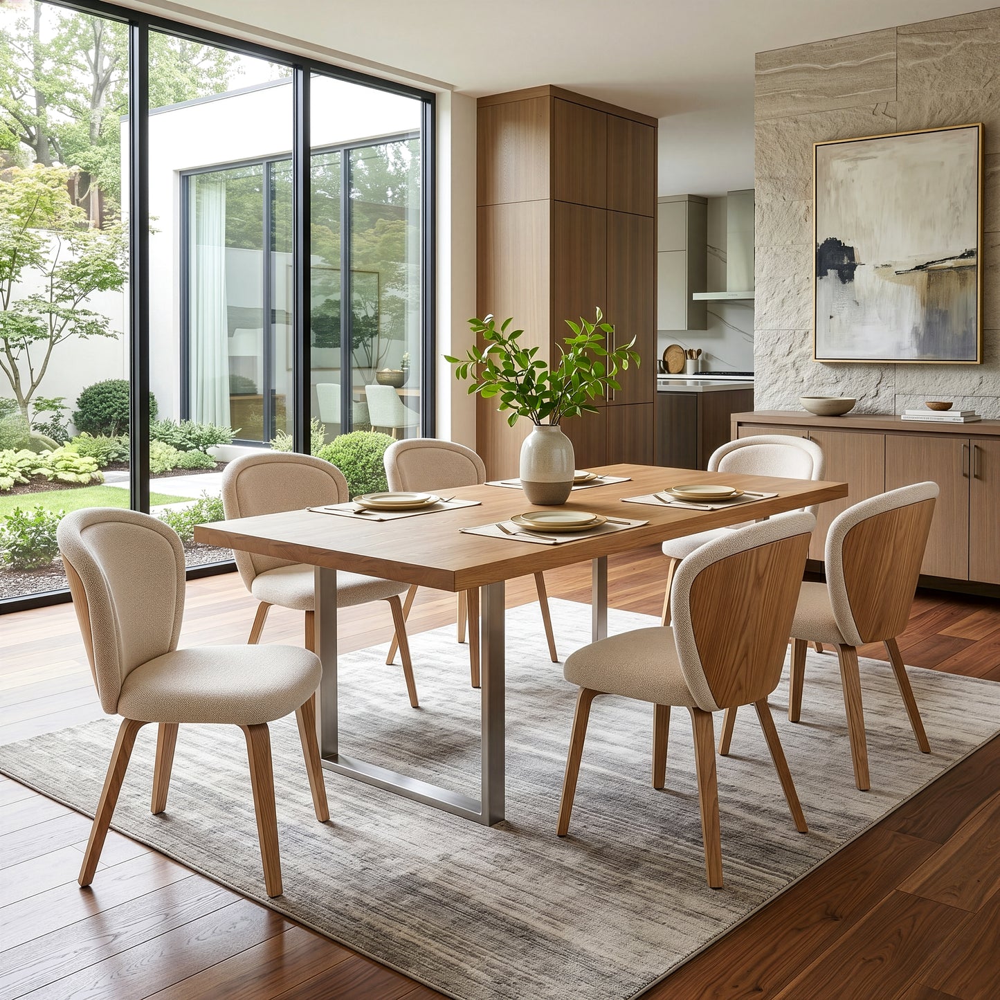 Set of 2 Bernt Beige Washed Woven Fabric Dining Chair with Natural Wood Legs