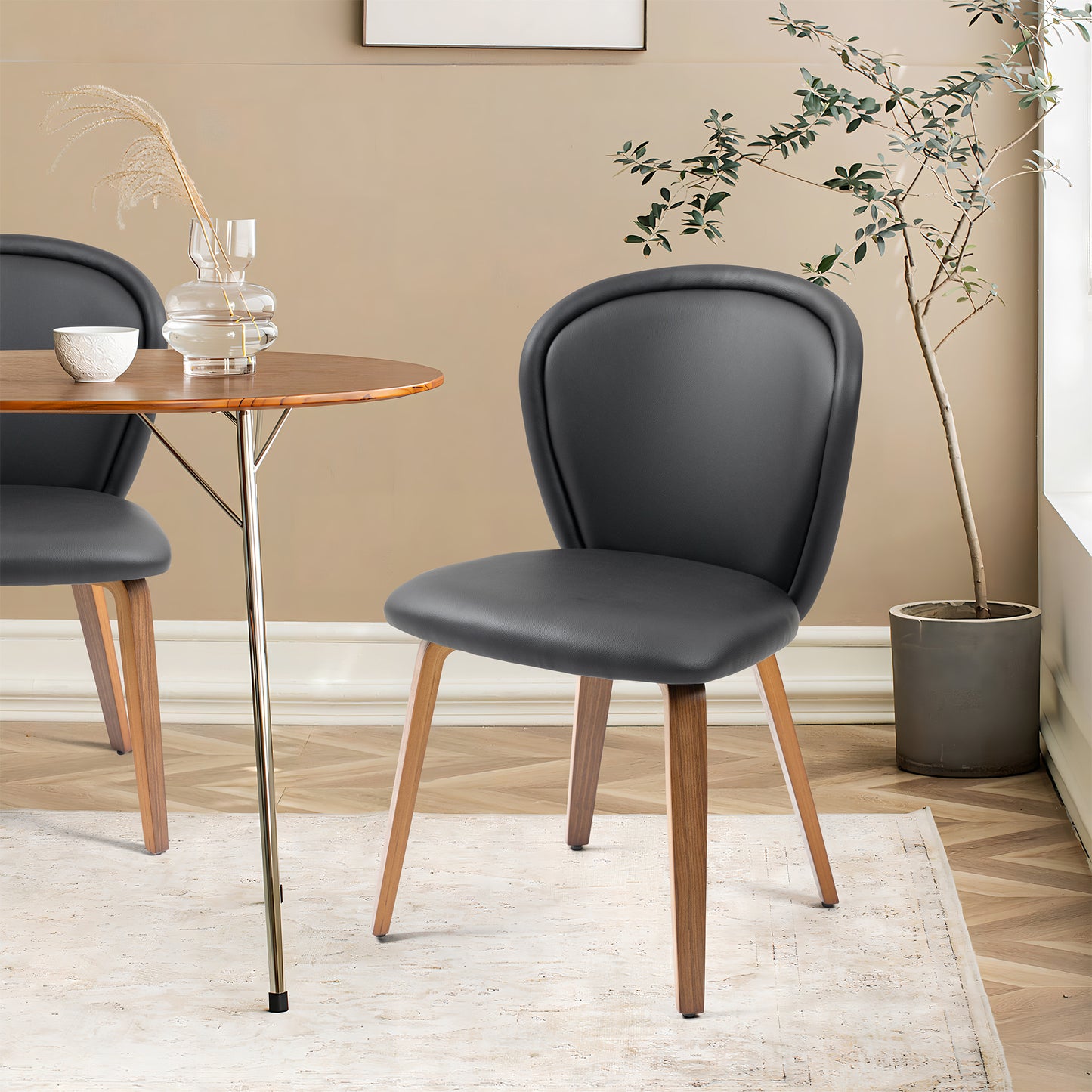 Set of 2 Bexter Black Faux Leather Dining Chair with Walnut Wood Legs