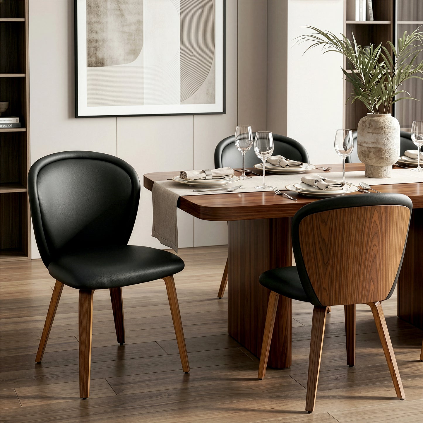 Set of 2 Bexter Black Faux Leather Dining Chair with Walnut Wood Legs