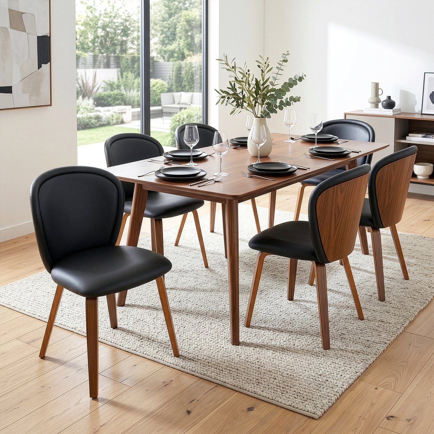 Set of 2 Bexter Black Faux Leather Dining Chair with Walnut Wood Legs