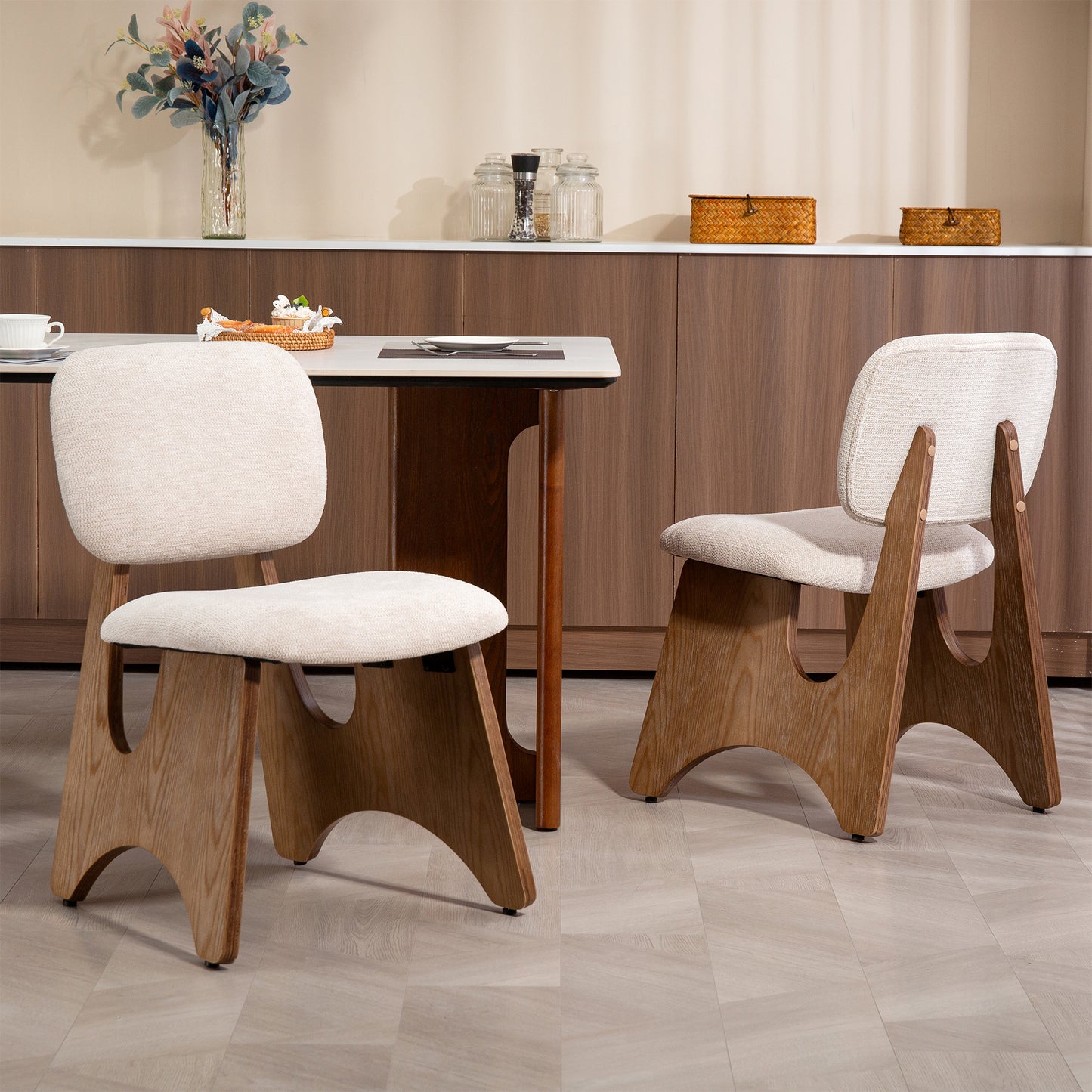 Bertille Beige Washed Woven Fabric Chair with Accent Walnut Legs