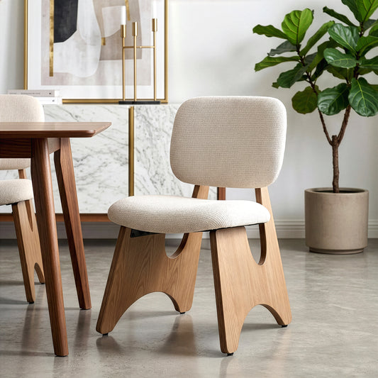 Bertille Beige Washed Woven Fabric Chair with Accent Walnut Legs