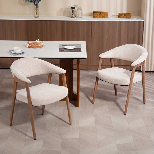 Berwyn Beige Washed Woven Fabric Dining Chair with Walnut Wood Accent Arms and Legs