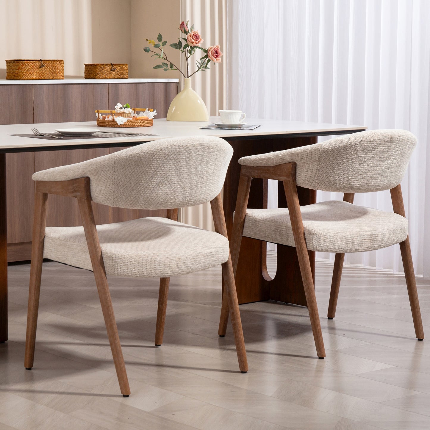 Berwyn Beige Washed Woven Fabric Dining Chair with Walnut Wood Accent Arms and Legs