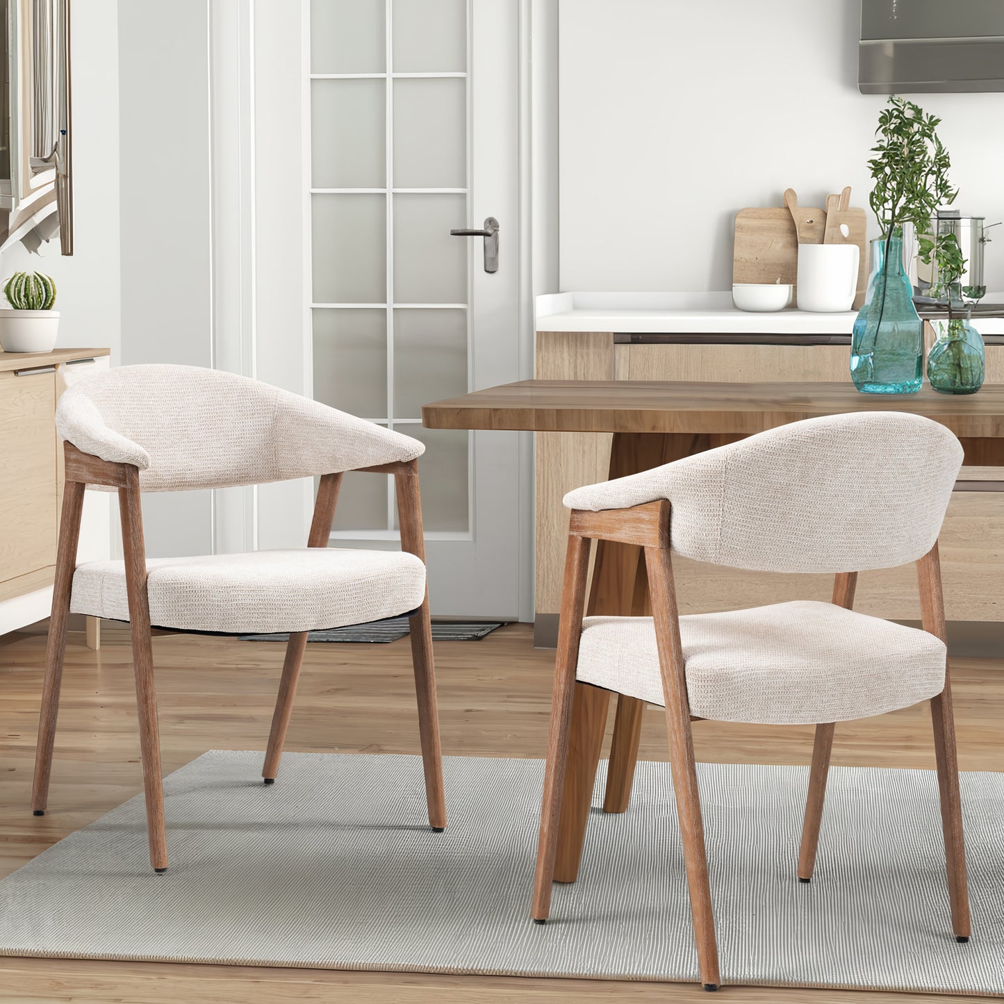 Berwyn Beige Washed Woven Fabric Dining Chair with Walnut Wood Accent Arms and Legs