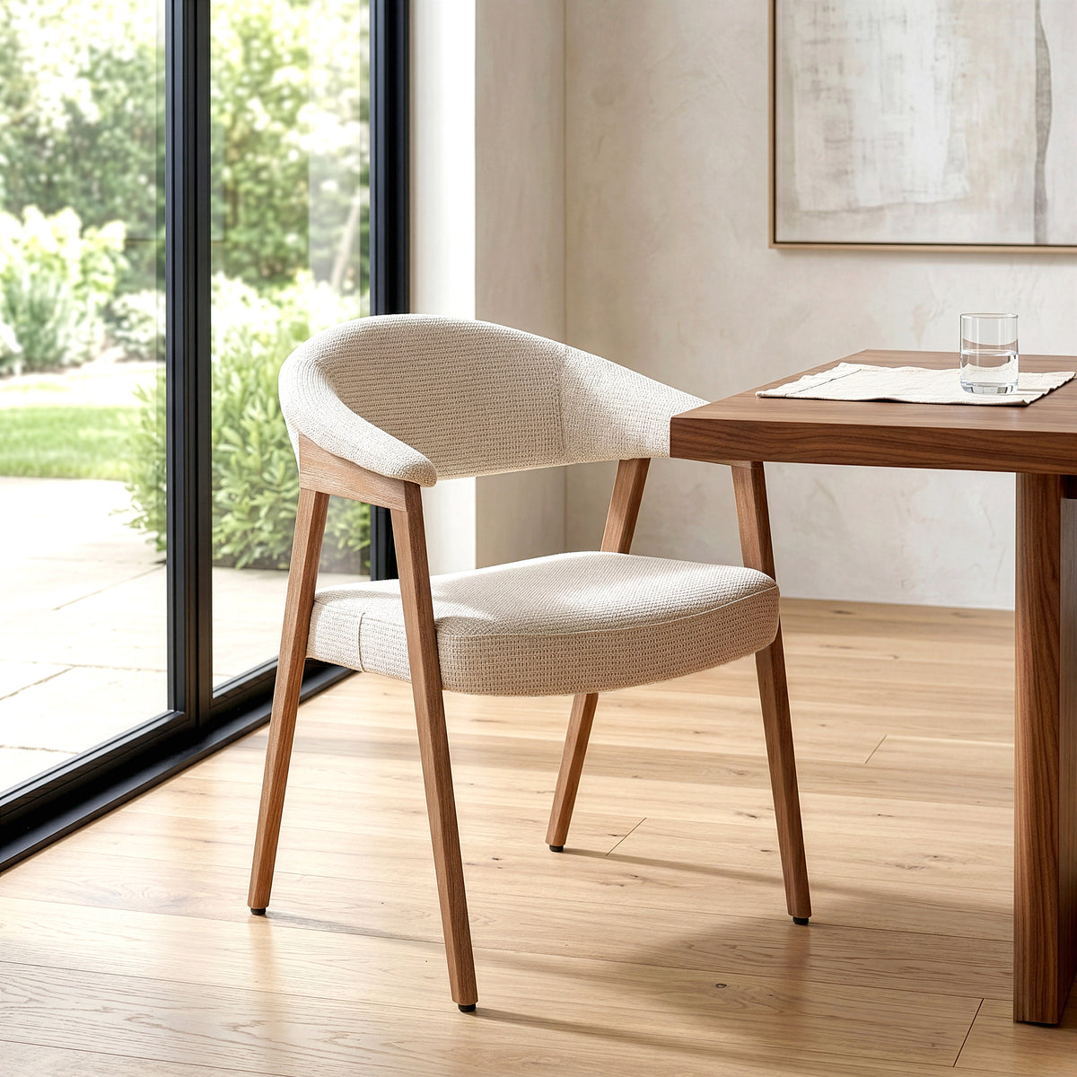 Berwyn Beige Washed Woven Fabric Dining Chair with Walnut Wood Accent Arms and Legs