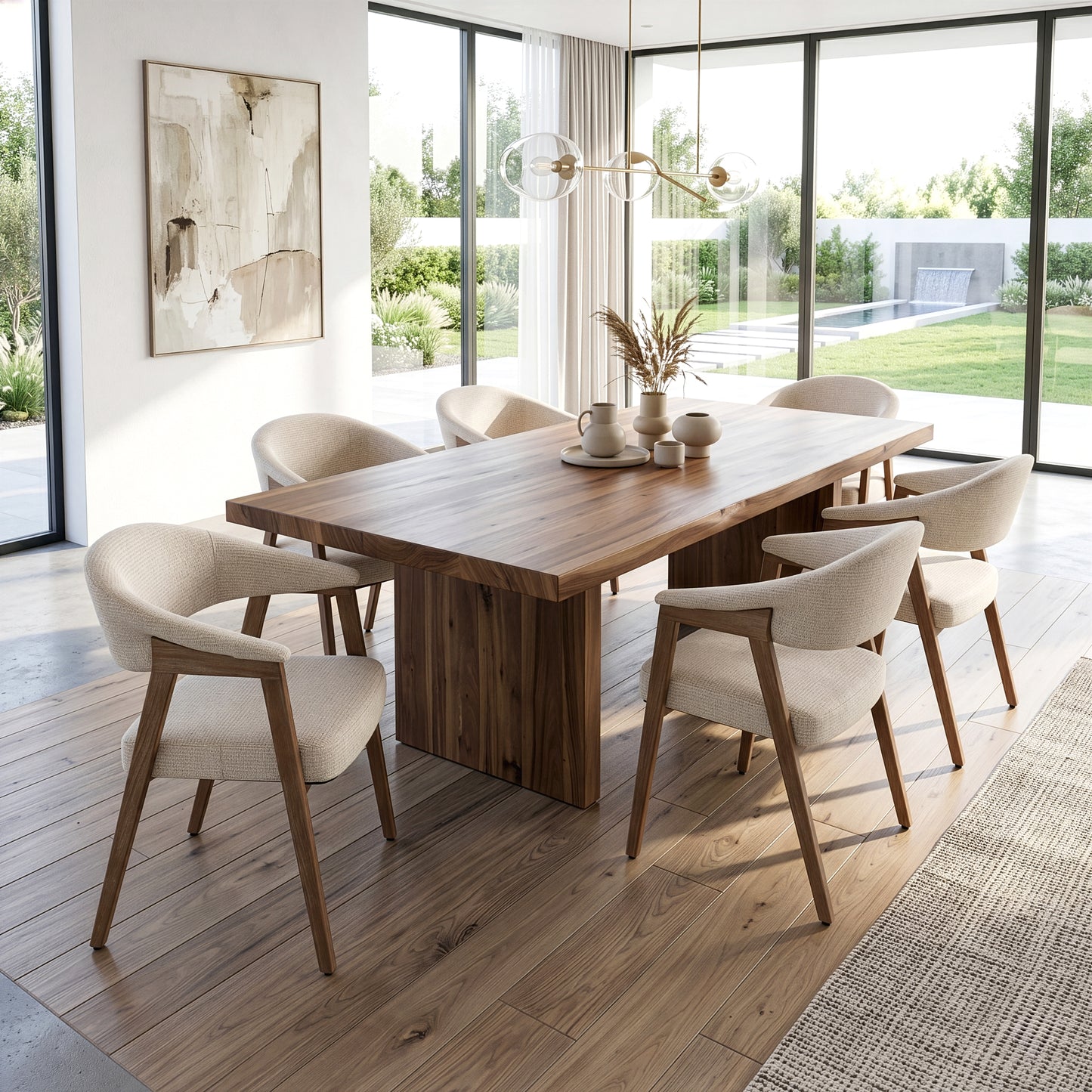 Berwyn Beige Washed Woven Fabric Dining Chair with Walnut Wood Accent Arms and Legs