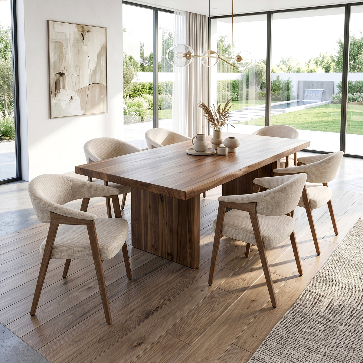 Berwyn Beige Washed Woven Fabric Dining Chair with Walnut Wood Accent Arms and Legs