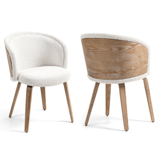 Set of 2 Beryl White Washed Boucle Fabric Dining Chair with Natural Wood Legs