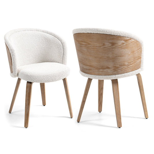 Set of 2 Beryl White Washed Boucle Fabric Dining Chair with Natural Wood Legs