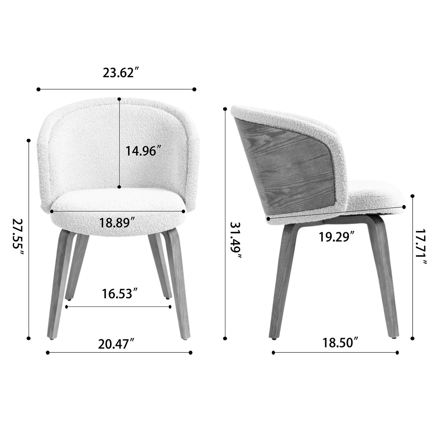 Set of 2 Beryl White Washed Boucle Fabric Dining Chair with Natural Wood Legs