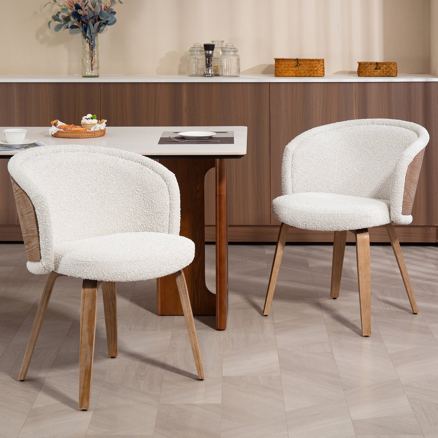 Set of 2 Beryl White Washed Boucle Fabric Dining Chair with Natural Wood Legs