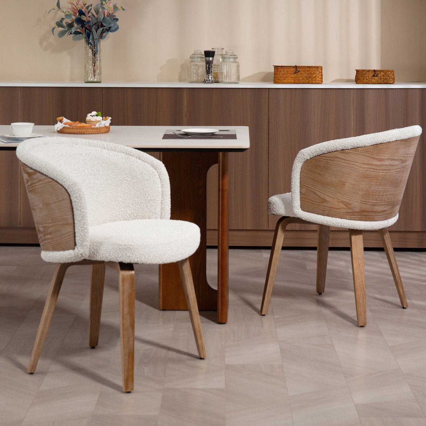 Set of 2 Beryl White Washed Boucle Fabric Dining Chair with Natural Wood Legs