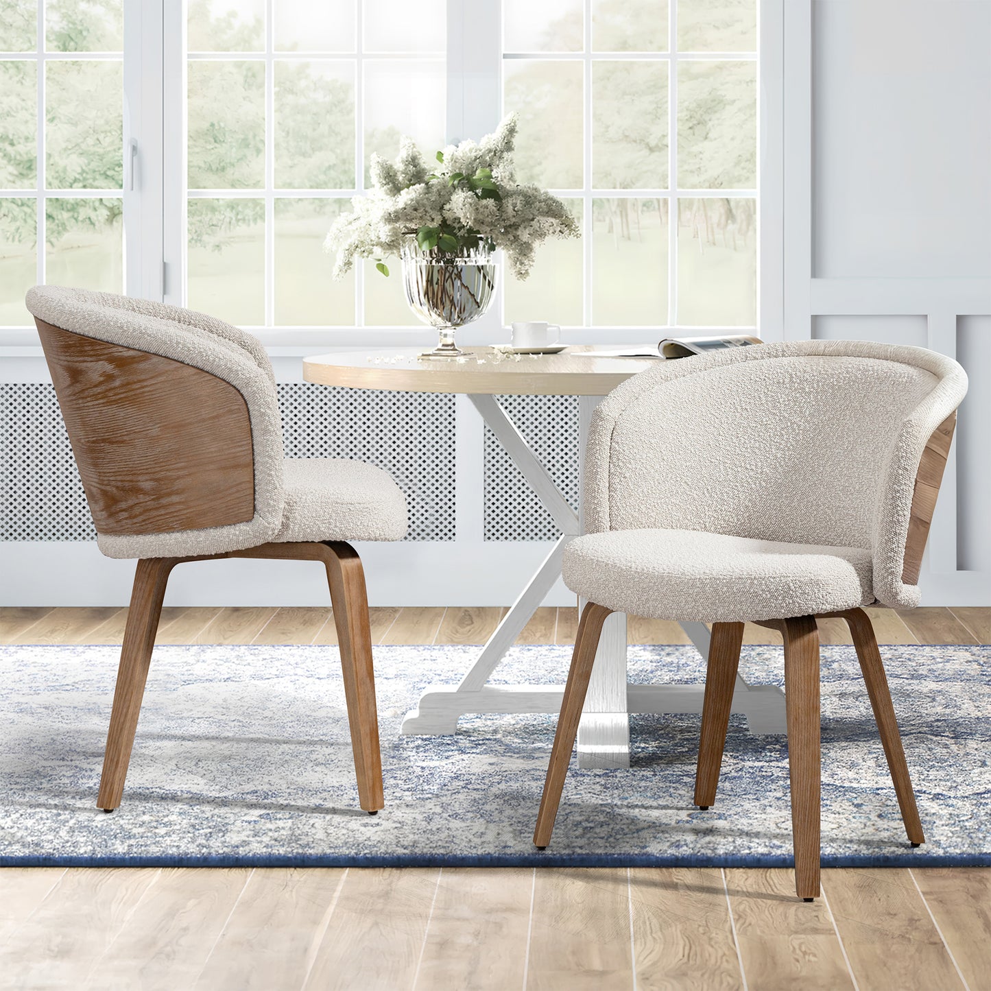 Set of 2 Beryl White Washed Boucle Fabric Dining Chair with Natural Wood Legs