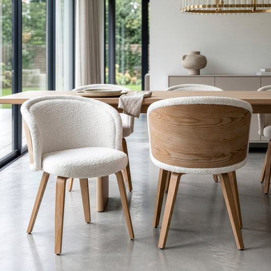 Set of 2 Beryl White Washed Boucle Fabric Dining Chair with Natural Wood Legs