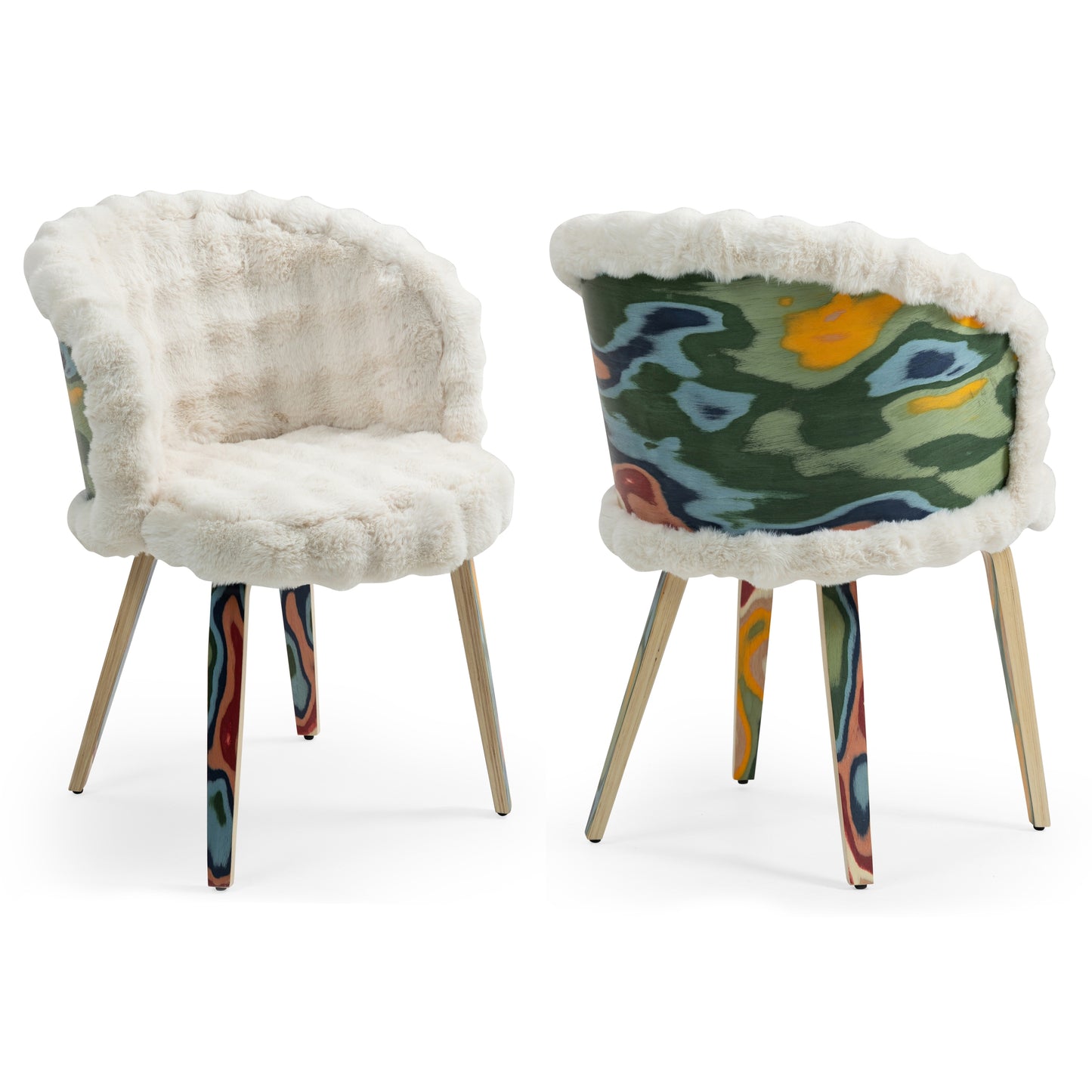 Set of 2 Beverly White Sherpa Fabric Dining Chair with Colorful Wood