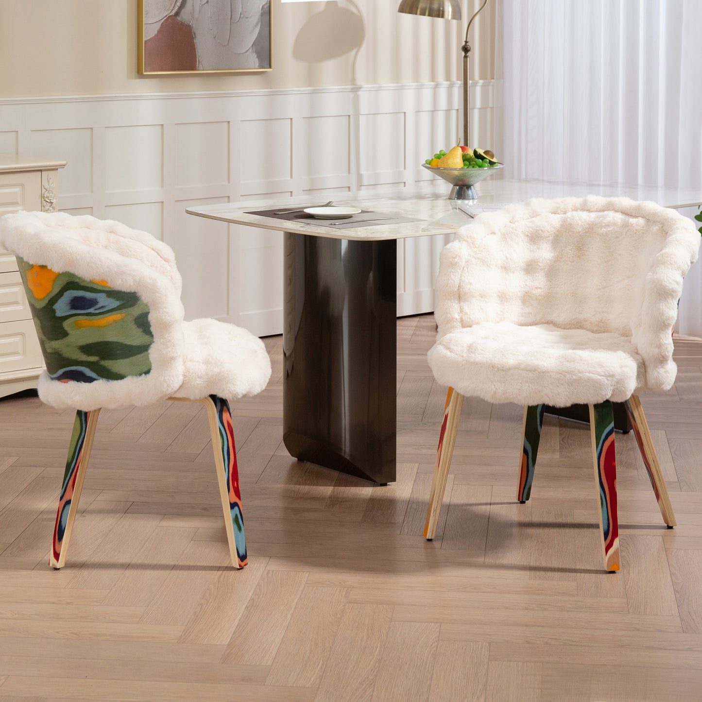 Set of 2 Beverly White Sherpa Fabric Dining Chair with Colorful Wood