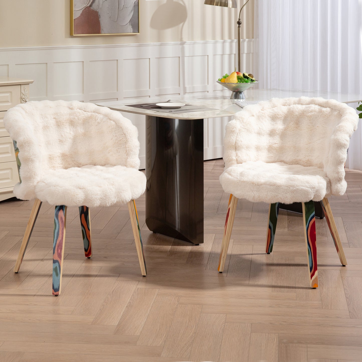 Set of 2 Beverly White Sherpa Fabric Dining Chair with Colorful Wood