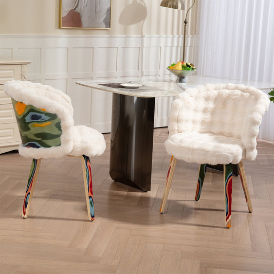 Set of 2 Beverly White Sherpa Fabric Dining Chair with Colorful Wood
