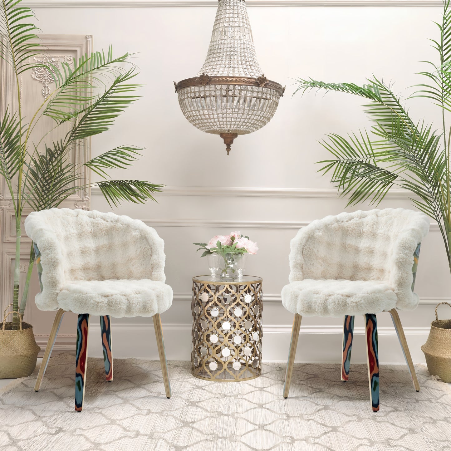 Set of 2 Beverly White Sherpa Fabric Dining Chair with Colorful Wood