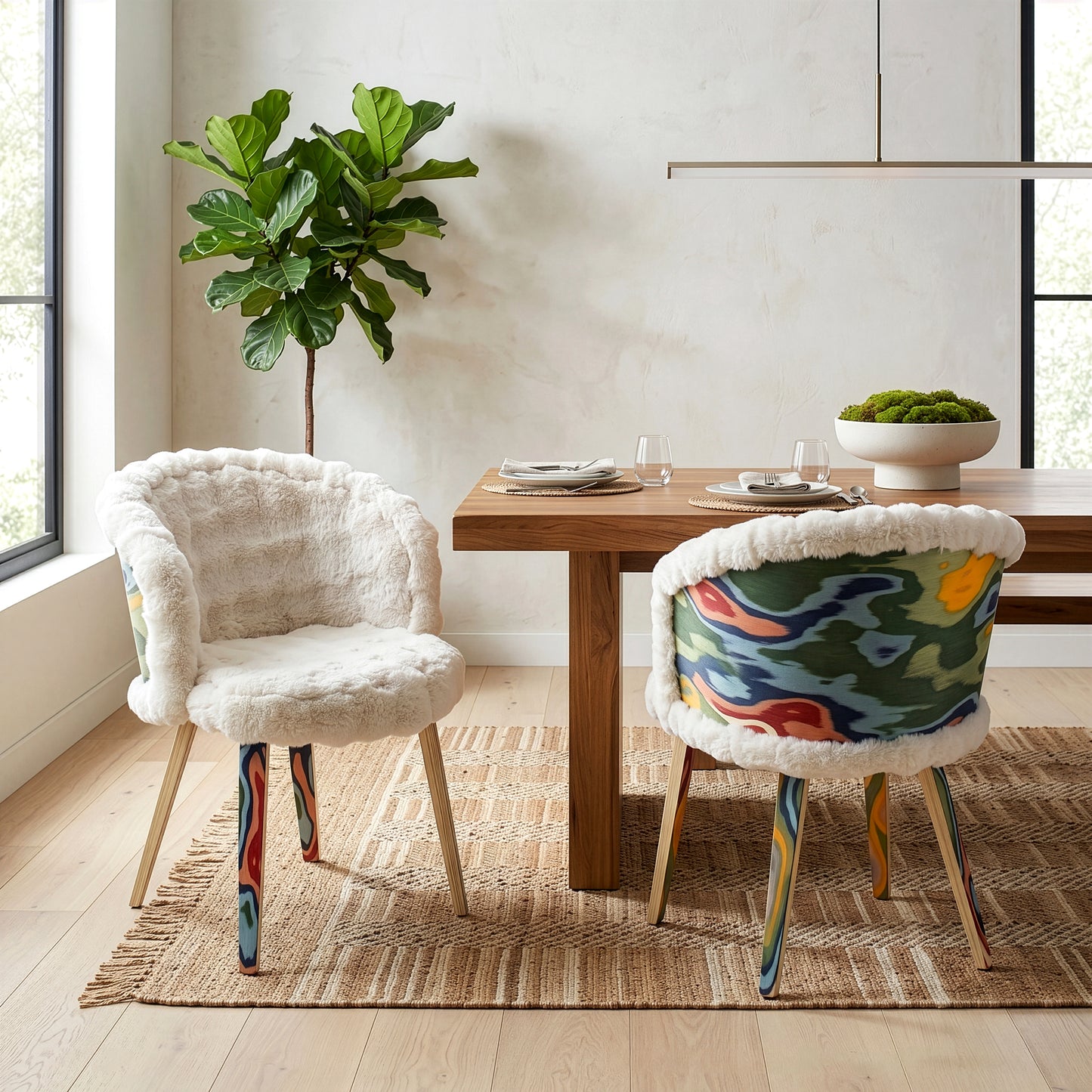 Set of 2 Beverly White Sherpa Fabric Dining Chair with Colorful Wood