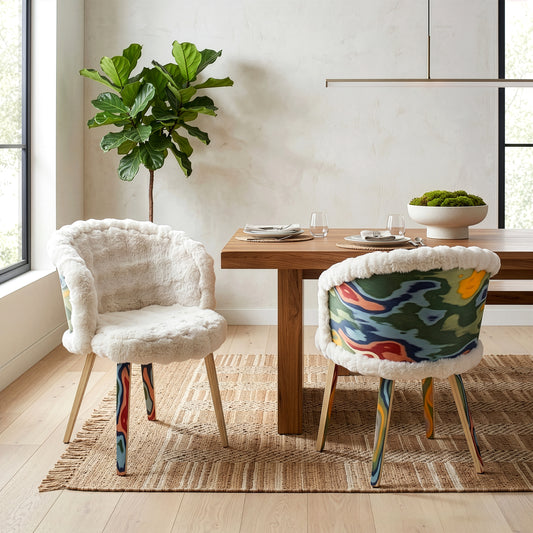 Set of 2 Beverly White Sherpa Fabric Dining Chair with Colorful Wood